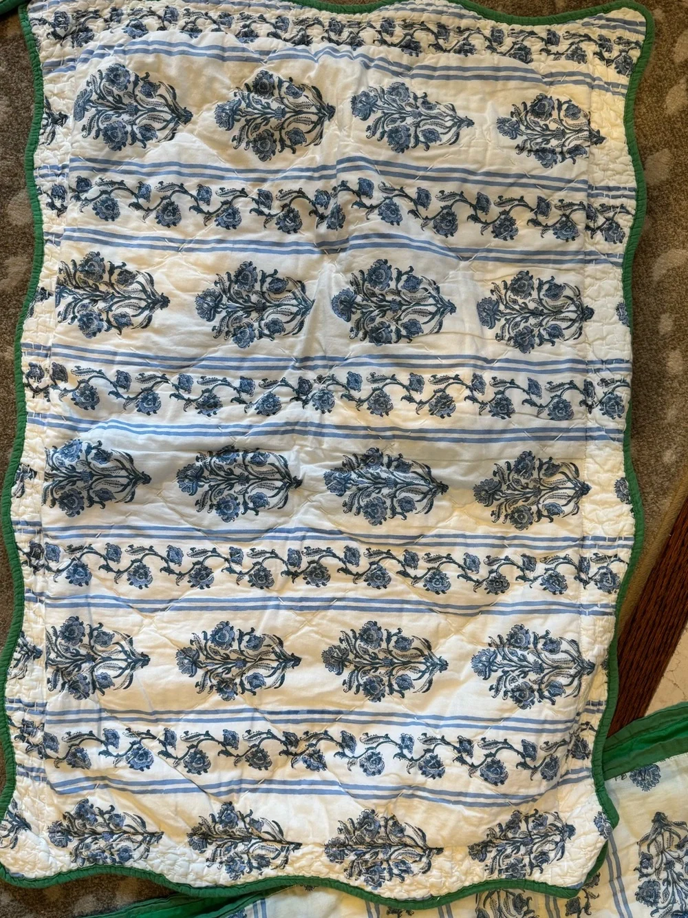 Roller Rabbit Cream and Blue Floral Quilted Throw with Green Border